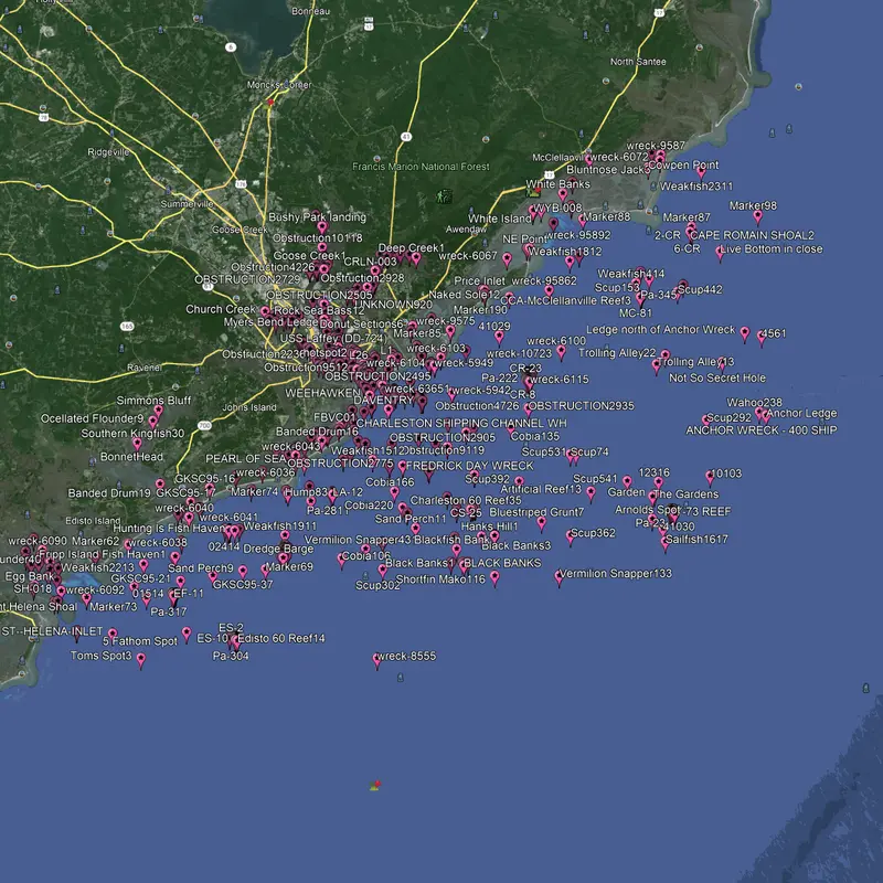 Charleston SC Nearshore Fishing Map – Inshore Reefs, Piers & Marsh Edges