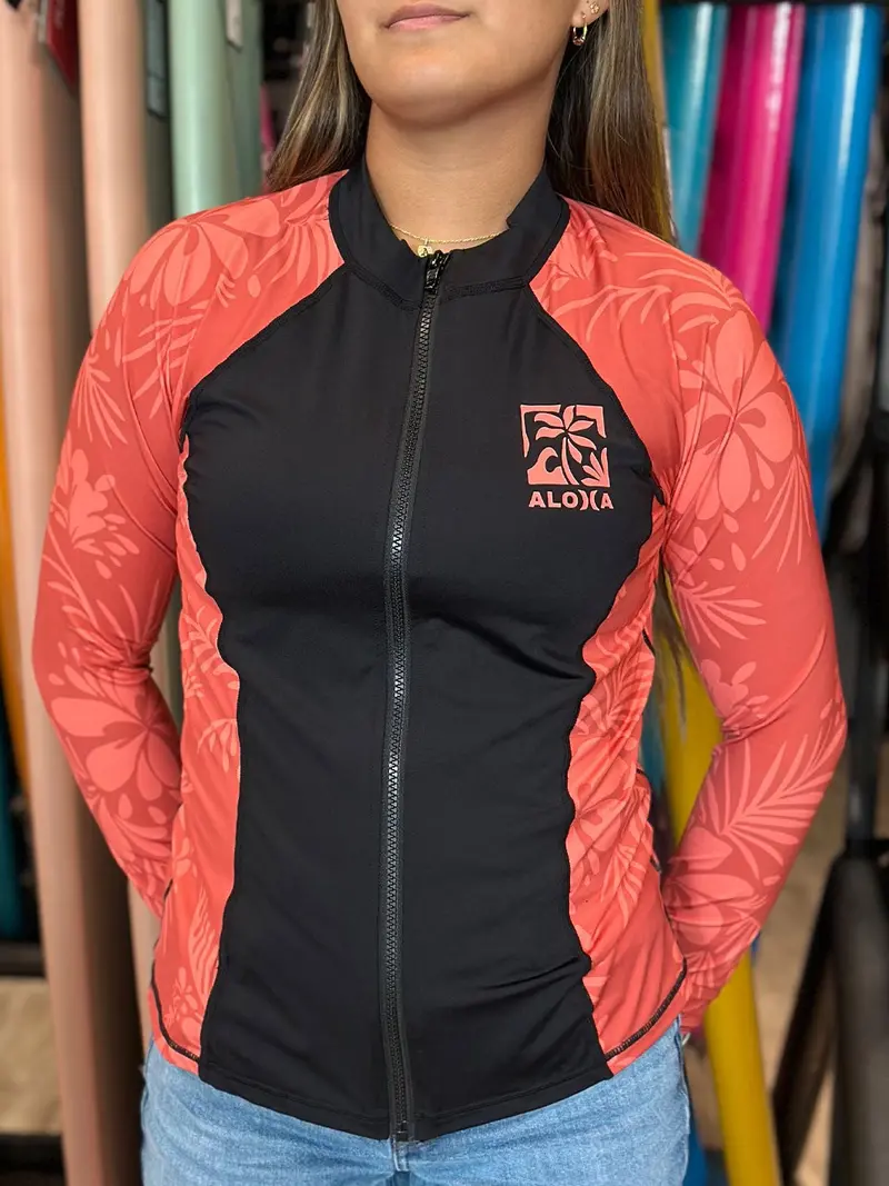 Hurley Hidden Tropical Long-Sleeve Rashguard – Pink Zip-Up