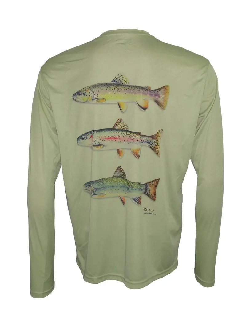 Men’s Sage Green Fishing Shirt with Trout Trio Print