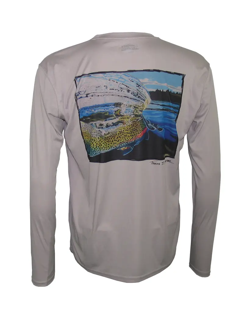 Men’s UPF Fishing Shirt – Grey with Whiplash Rainbow Trout Graphic