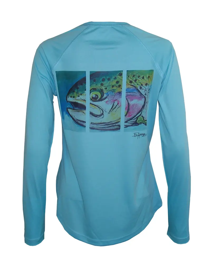 Women’s UPF Fishing Shirt – Water Blue with Hen & Rainbow Accents